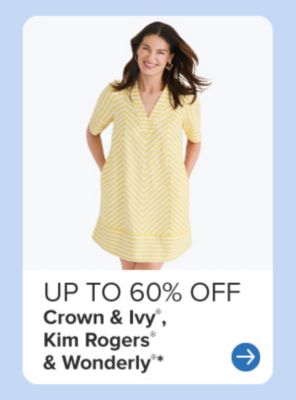 A woman in a yellow dress. Up to 60% off Crown and Ivy, Kim Rogers and Wonderly.