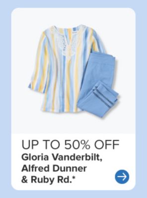 A striped shirt and blue pants. Up to 50% off Gloria Vanderbilt, Alfred Dunner and Ruby Rd.