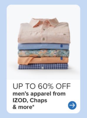 A stack of folded men's button up shirts. Up to 60% off men's apparel from Izod, Chaps and more.