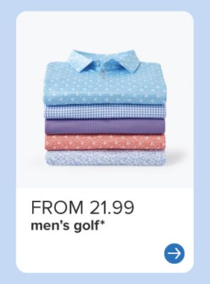 A stack of men's polo shirts. From 21.99 men's golf.