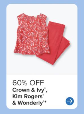 A red top and pants. Up to 60% off Crown and Ivy, Kim Rogers and Wonderly.