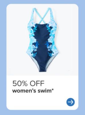 A blue one piece swim suit. 50% off women's swim.
