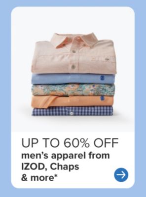 A stack of folded men's button up shirts. Up to 60% off men's apparel from Izod, Chaps and more.