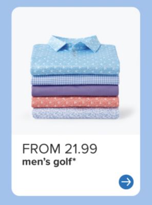 A stack of men's polo shirts. From 21.99 men's golf.