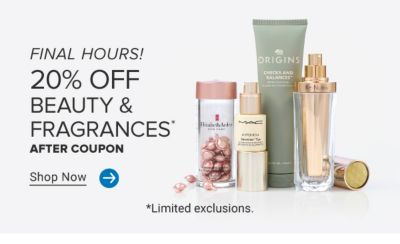 20% off beauty and fragrances after coupon. Shop now. Various beauty products. Limited exclusions. Now until June 8th.