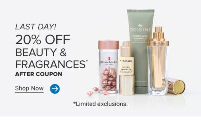 20% off beauty and fragrances after coupon. Shop now. Various beauty products. Limited exclusions. Now until June 8th.