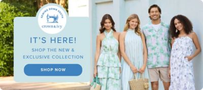 Image of group in casual dresswear. It's here! Sewing down South X crown and Ivy. shop the new and exclusive collection. shop now.