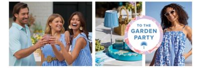 Collage of summer outfits and outdoor dining. To the garden party.