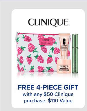 Free 4-piece gift with any $50 Clinique purchase. Floral cosmetic bag and skincare products. $100 value.
