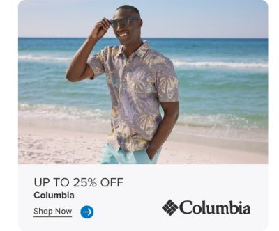 A man in a tropical button down shirt. Up to 25% off Columbia. Shop Now