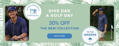 Two images of Craig Conover wearing a golf polo and hat. The Sewing Down South x Crown and Ivy logo. Give dad a golf day. 30% off the new collection. To the greens. Shop now.