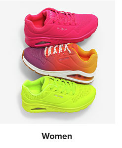 A pink sneaker, an orange and pink ombre sneaker, a neon green sneaker. Shop women.