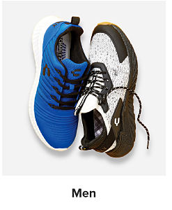 A blue sneaker, a black and white sneaker. Shop men.