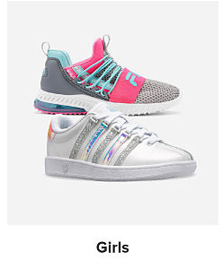 A gray, pink, and blue sneaker. A white and gray sneaker. Shop girls.