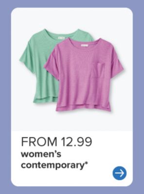 From 12.99 women's contemporary. Green and pink t-shirts.