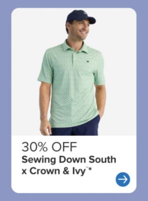 30% off Sewing Down South x Crown and Ivy. Man in light green checkered shirt.