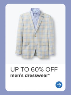 Up to 60% off men's dresswear. Light blue plaid blazer.