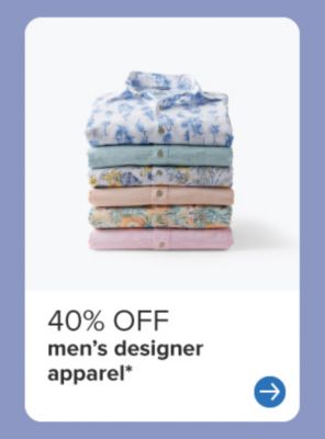 40% off men's designer apparel. Stack of folded patterned shirts.