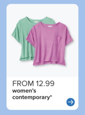From 12.99 women's contemporary. Green and pink t-shirts.