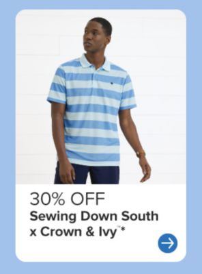 30% off Sewing Down South x Crown and Ivy. Man in blue and white striped polo shirt.