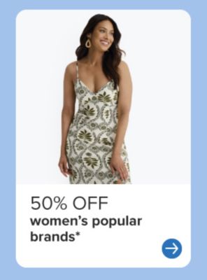 50% off women's popular brands. Woman in white floral dress.