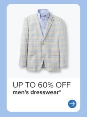 Up to 60% off men's dresswear. Light blue plaid blazer.