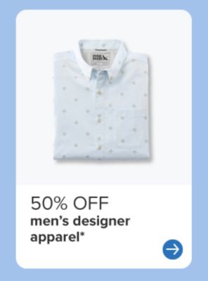 50% off men's designer apparel. Light blue dress shirt.