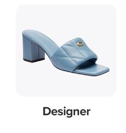 An image of a blue slide high heel sandal. Designer.