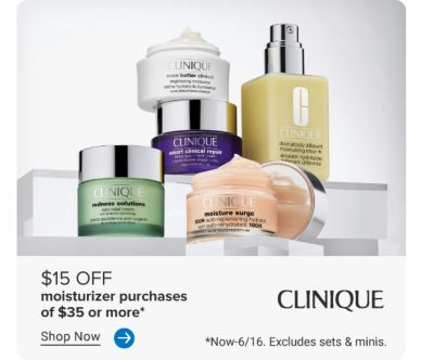An assortment of Clinique moisturizers. 15% off moisturizer purchases of $35 or more. Shop now. Now through June 16. Excludes sets and minis.