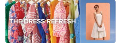 An image featuring a rack of colorful dresses. An image of a woman in a white midi dress. The dress refresh.