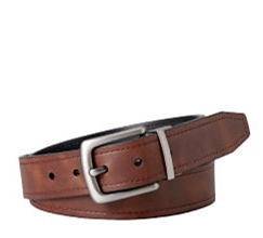 A men's leather belt that is brown on the outside and black on the inside