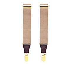 A pair of beige suspenders with gold clips.