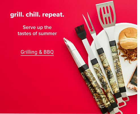 A white plate with a barbeque pulled pork sandwich, camo print grill tools and Whole Hog BBQ hardcover book. Grill. Chill. Repeat. Serve up the tastes of summer. Grilling & BBQ.