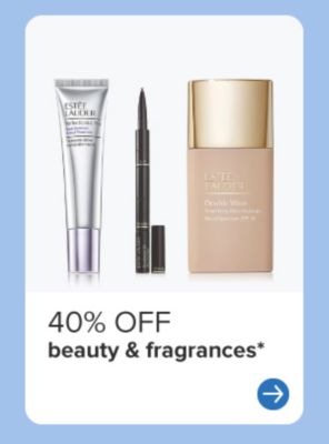 Three different bottles of beauty or fragrances. 40% off beauty & fragrances.