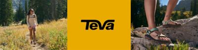 Woman walking through a field wearing Tevas. Teva logo. Close up of someone wearing a pair of Tevas standing on a rock.