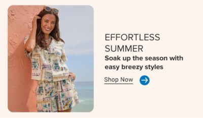  Fashion Moment. Effortless Summer. Shop Now. Woman leaning against a wall in a matching set.
