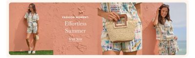 Woman leaning against a wall wearing sunglasses and holding a woven purse. Fashion Moment. Effortless Summer. Shop Now. Woman holding a straw woven purse. Woman leaning against a wall in a matching set.