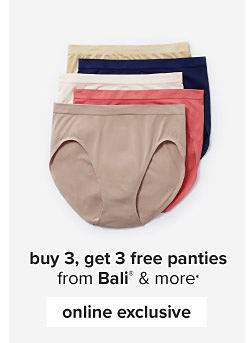 Assortment of underwear in different colors. Buy 3, get 3 free panties from Bali and more. Online exclusive.