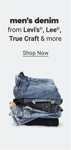 A stack of men's blue jeans in various colors. Men's denim from Levi's, Lee, True Craft and more.