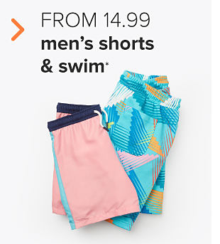 A pair of pink men's swim trunks and a pair of blue men's swim trunks with an abstract, retro design. From $14.99 men's shorts and swim. 
