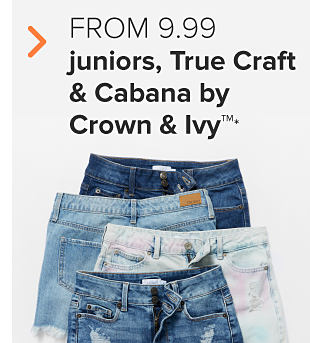 Four pairs of denim shorts in different shades of blue. From 9.99 juniors' True Craft and Cabana by Crown and Ivy. 