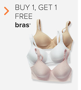 Bras in beige, white and pink. Buy one, get one free bras.