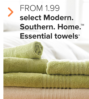 Green and beige folded towels. Two for $4.99 select Modern Southern Home essential towels.