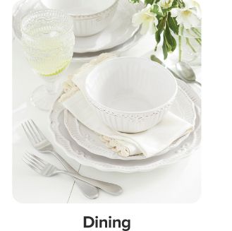 An image of plates, bowls, silverware and drink ware. Shop dining.