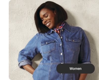 Image of a woman wearing a denim jumpsuit. The denim shop. Your size. Your fit. Your new favorite pair. Shop women.