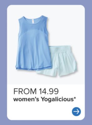 A women’s activewear top and shorts. From 14.99. Women’s Yogalicious.