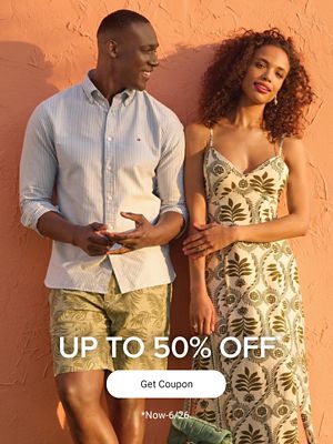 A man and woman in dressy summer outfits. Up to 50% off. Get coupon. Now through June 26.