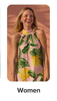 A woman in a pink, green and yellow dress. Shop women.