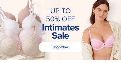 Bras in a variety of colors. A woman wearing a pink bra and tan robe. Up to 50% off intimates sale. Shop now.