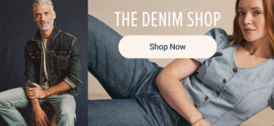 A woman in a light blue shirt and jeans. A man in a denim jacket and jeans. The denim shop. Shop now.